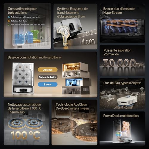 dreame Matrix10 Ultra Robot Aspirateur, Multi-Serpillière, 8 cm Franchis, 30 000 Pa, Vidange/Remplissage Auto, Auto-Nettoyage, 100% Démêlage, 240+ Obstacles, Commande Vocale