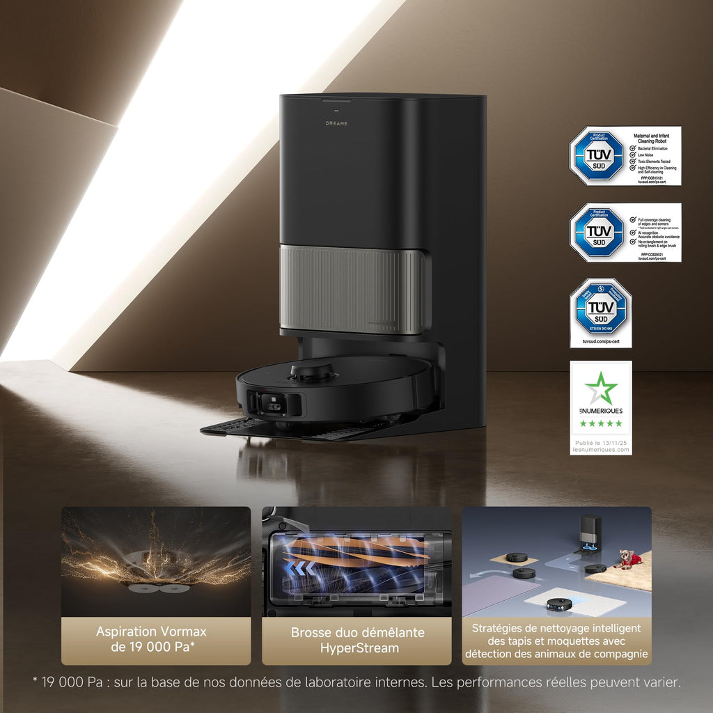 DREAME L40s Pro Ultra Robot Aspirateur, 19 000 Pa, Brosse Double HyperStream, Franchit 4 cm, Brosse latérale extensible et relevable, Nettoyage à la serpillière à l'eau chaude à 75°C,Auto-nettoyant3.0