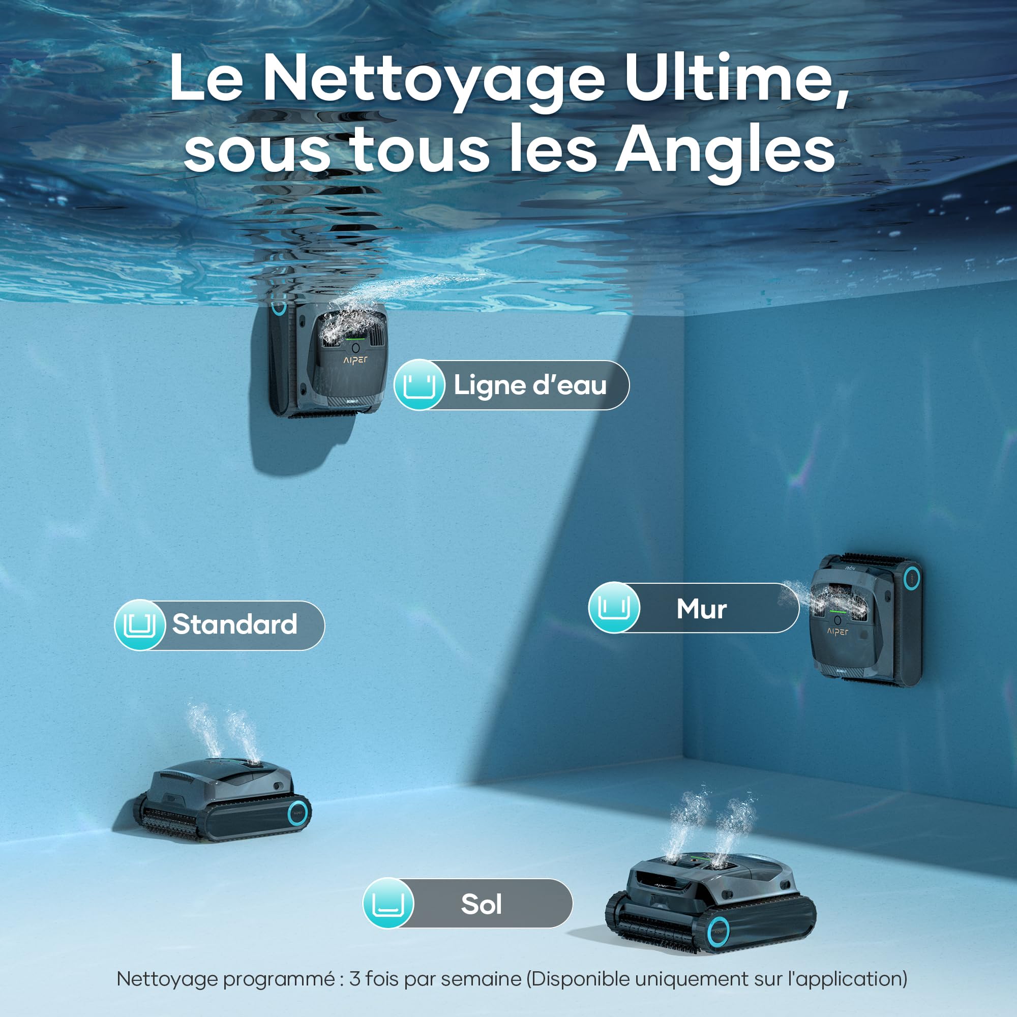 AIPER Scuba X1 Robot Piscine avec App, Aspirateur Piscine avec WavePath 3.0 et Navigation Intelligente, Système de Filtration Ultra-Fine, Nettoyage Ligne d’Eau, Idéal pour Les Piscines Enterrées