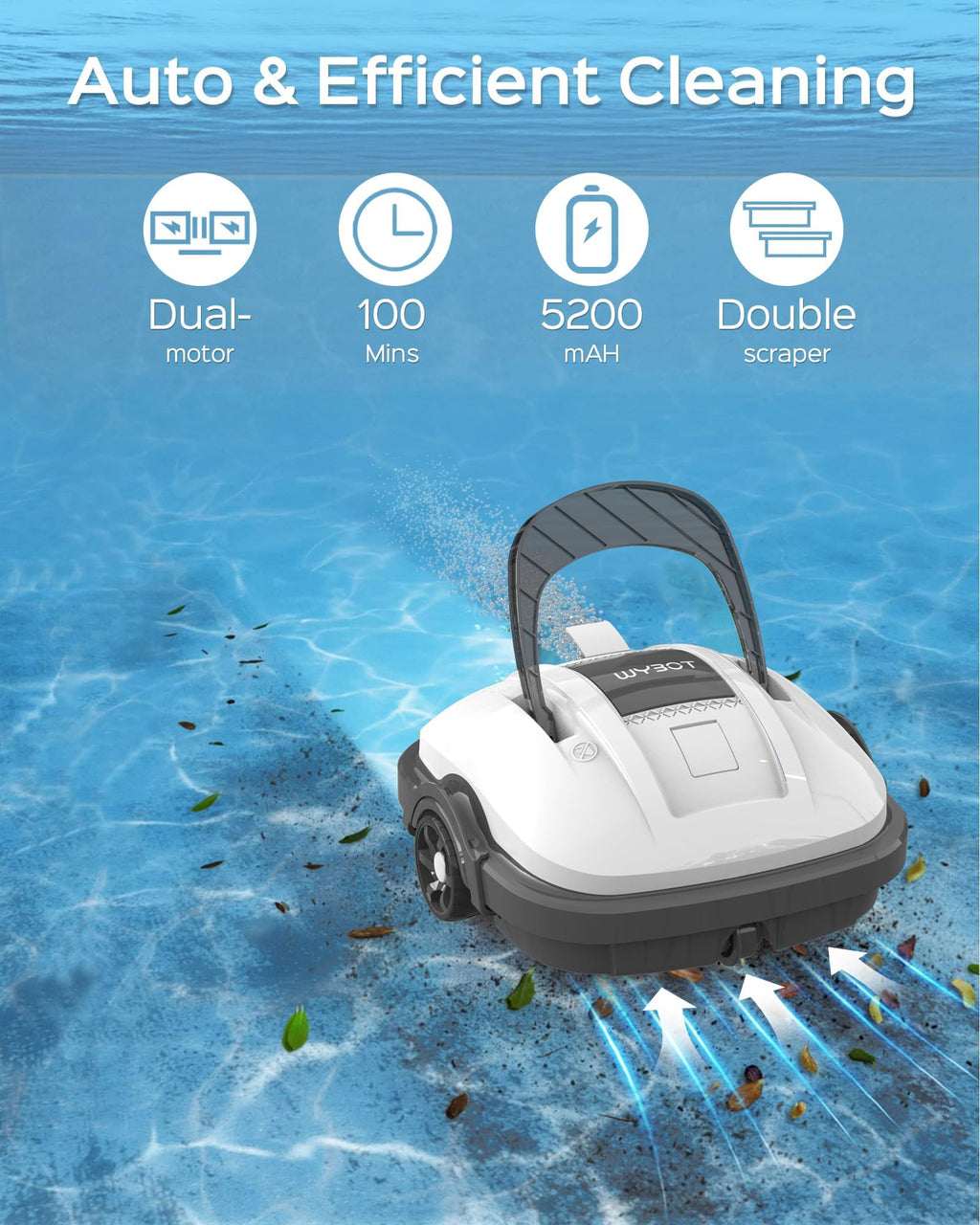 WYBOT Robot Piscine sans Fil pour Piscine Hors Sol Jusqu'à 80m², Double Motorisation Aspirateur Robot Piscine 100 Minutes d'Aspiration Puissante Robot | Stationnement Automatique Blanc