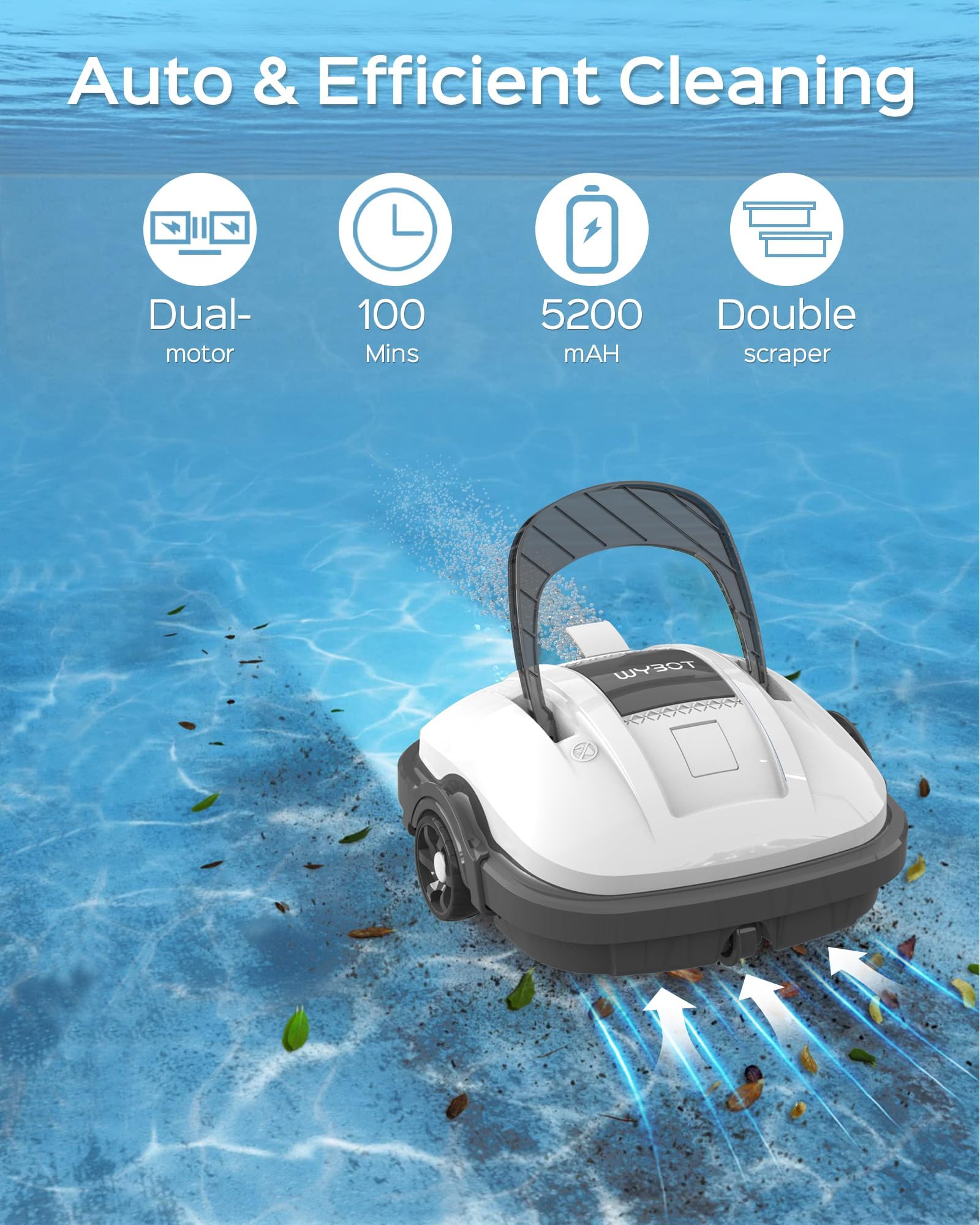WYBOT Robot Piscine sans Fil pour Piscine Hors Sol Jusqu'à 80m², Double Motorisation Aspirateur Robot Piscine 100 Minutes d'Aspiration Puissante Robot | Stationnement Automatique Blanc